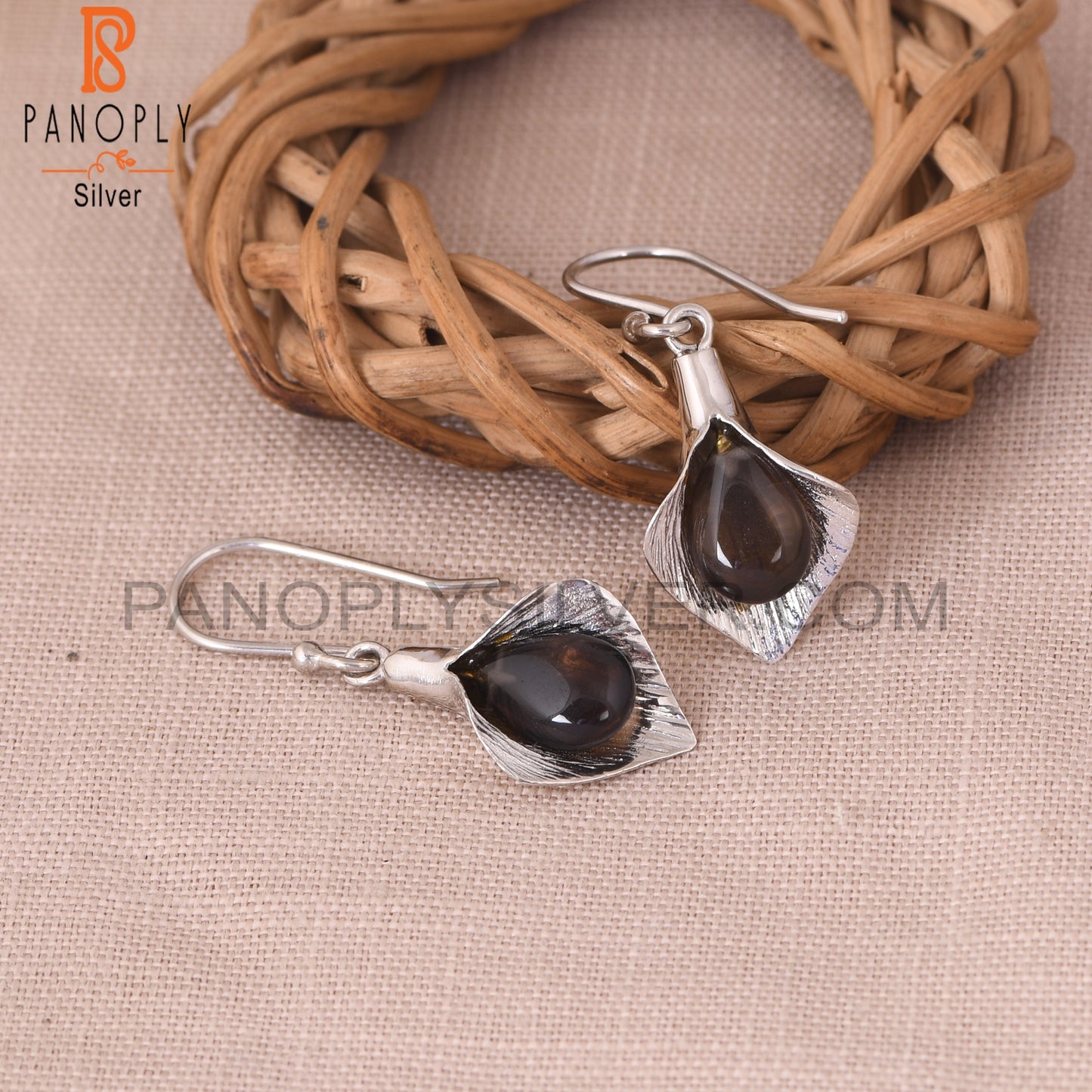 925 Silver Floral Calla Lily Smoky Gemstone Girls Earring