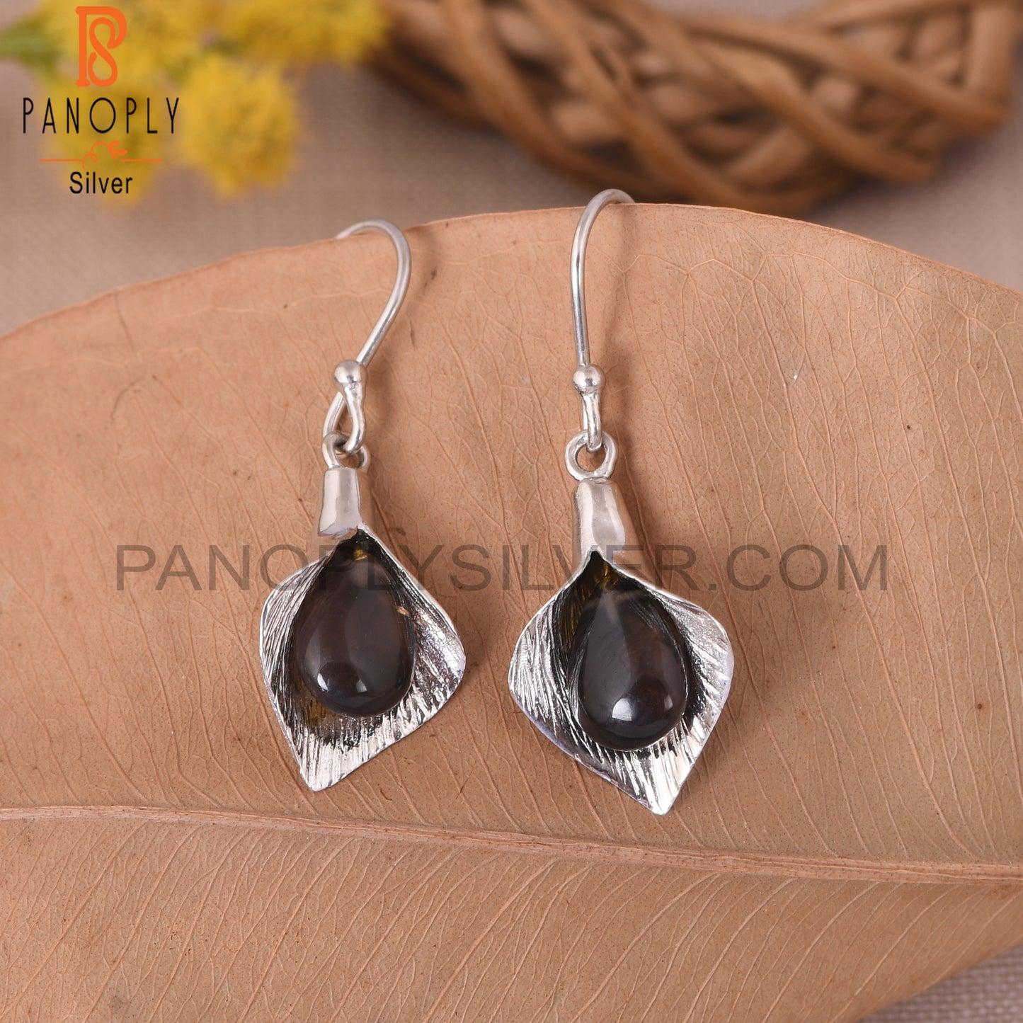 925 Silver Floral Calla Lily Smoky Gemstone Girls Earring