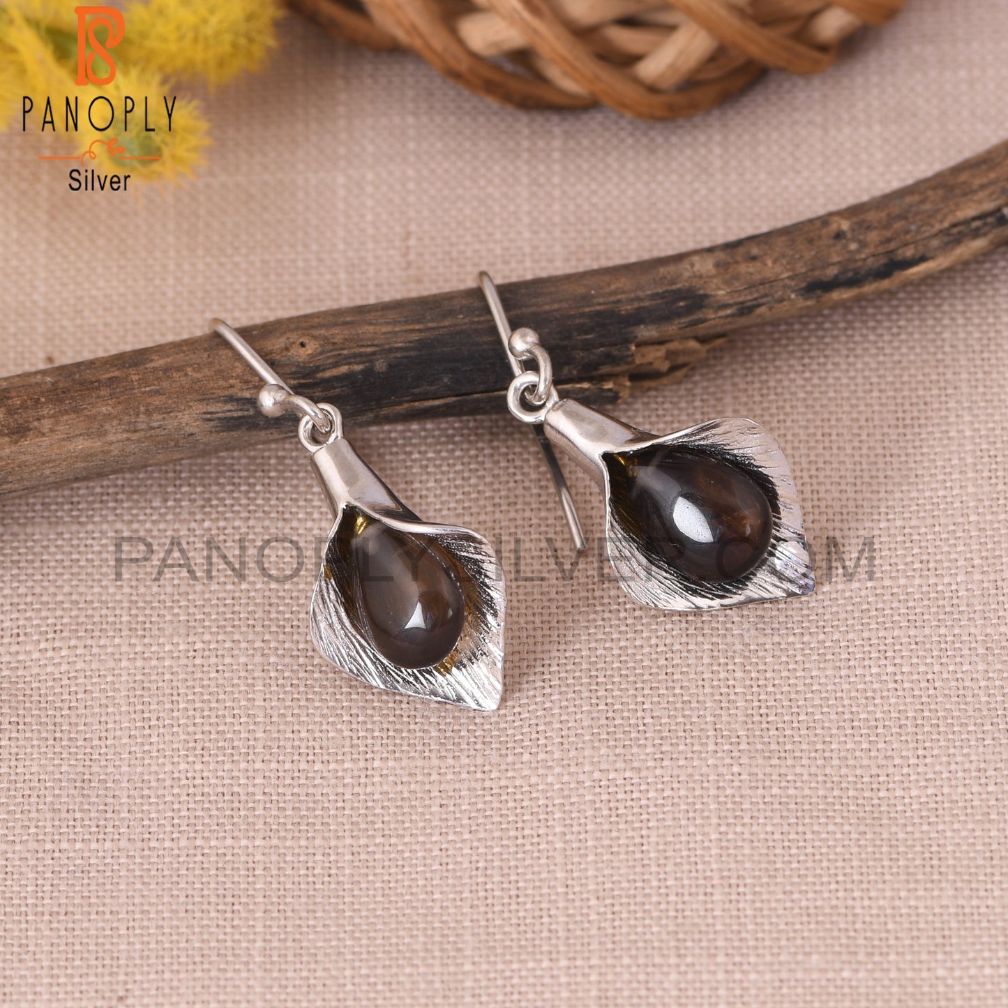 925 Silver Floral Calla Lily Smoky Gemstone Girls Earring