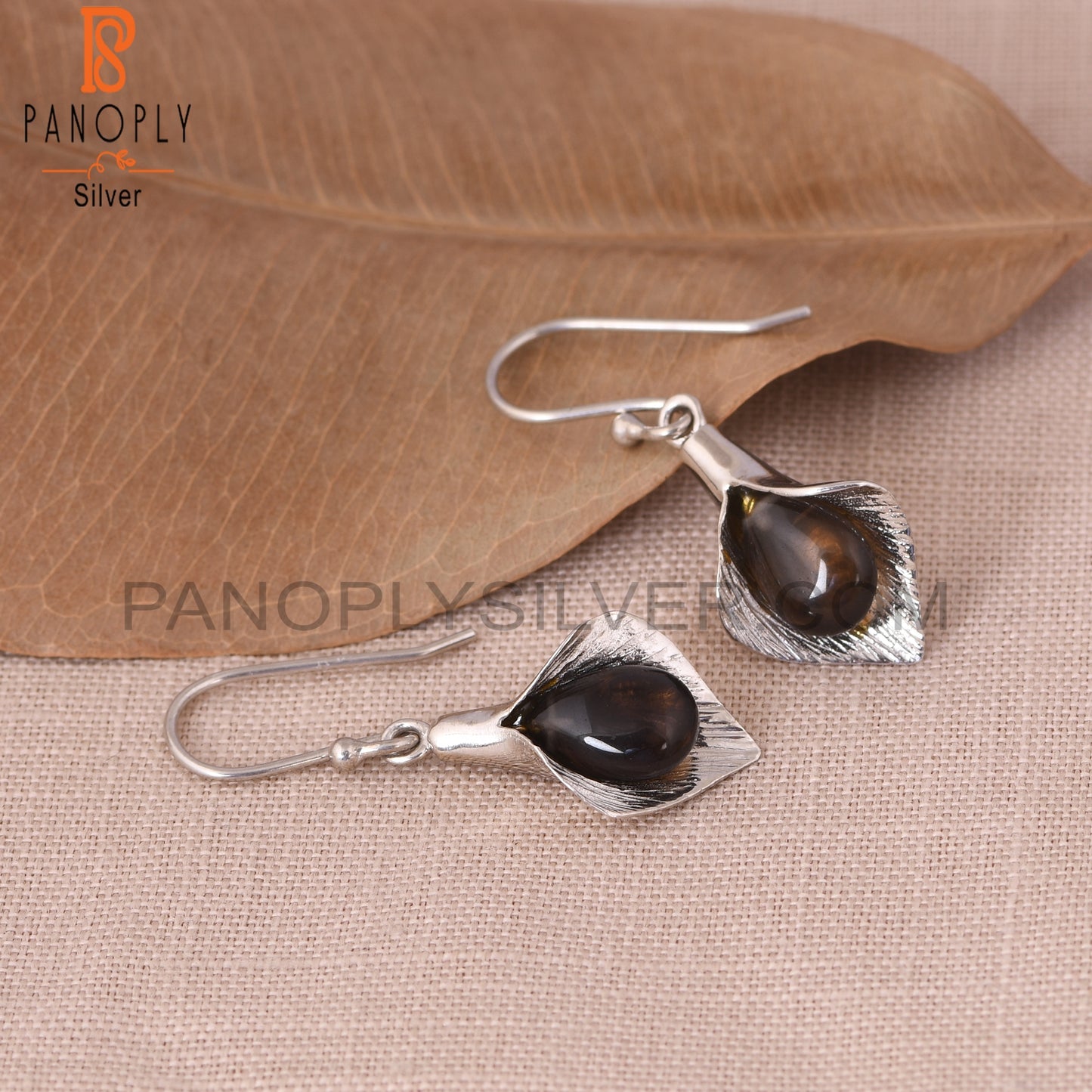 925 Silver Floral Calla Lily Smoky Gemstone Girls Earring