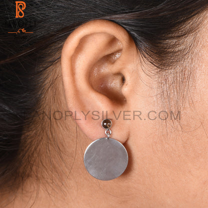 Round Disc 925 Silver Smoky Quartz Gemstone Earrings