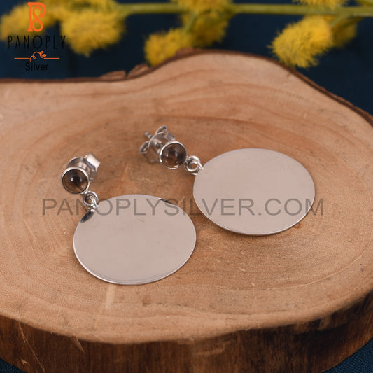 Round Disc 925 Silver Smoky Quartz Gemstone Earrings