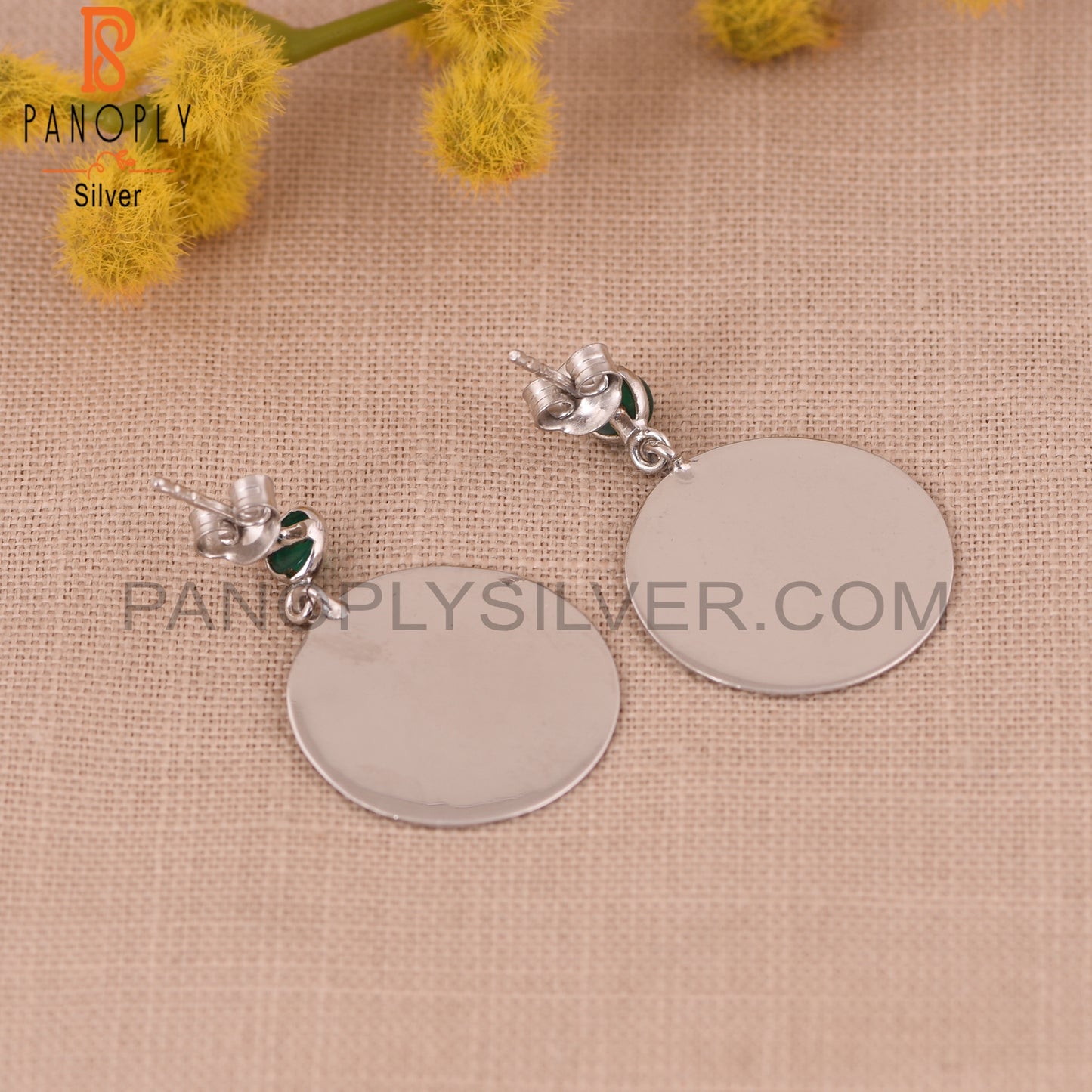 Green Onyx Gemstone 925 Silver Disc Earrings