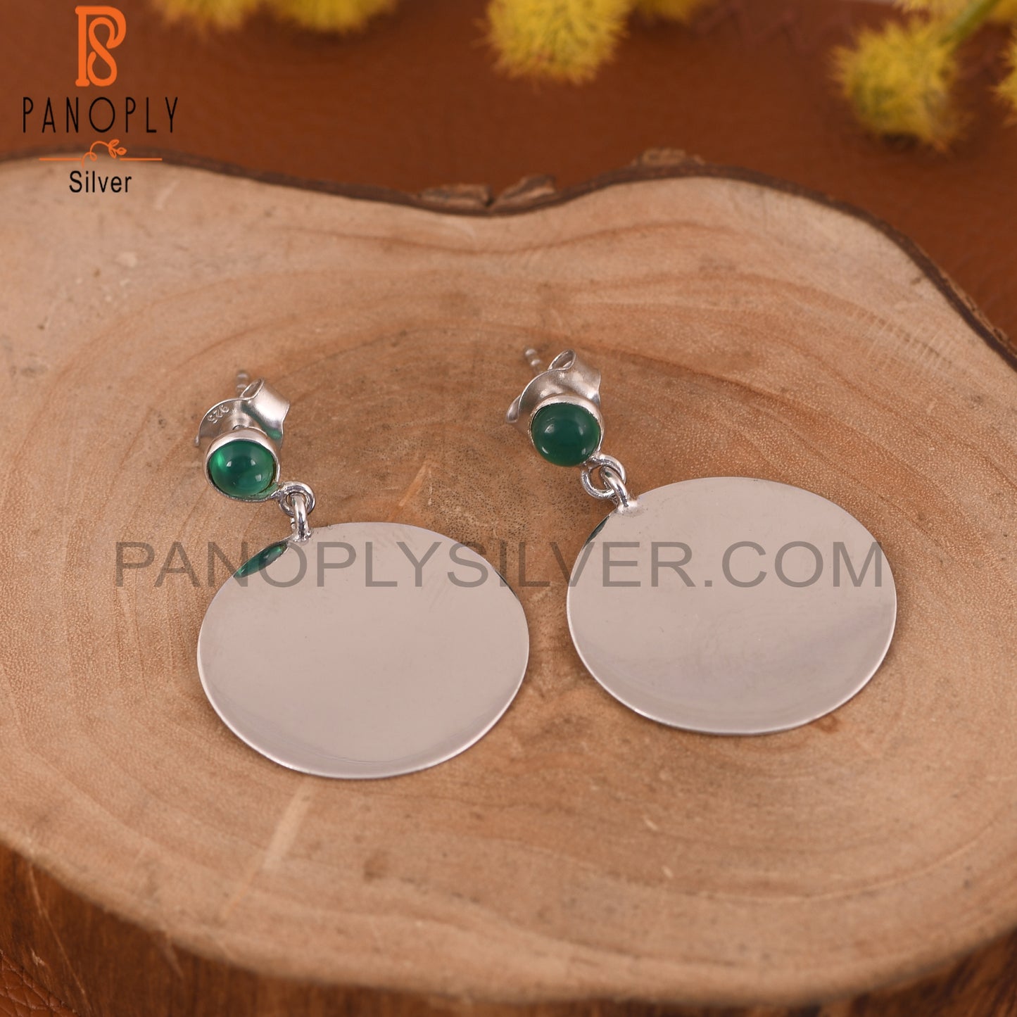 Green Onyx Gemstone 925 Silver Disc Earrings