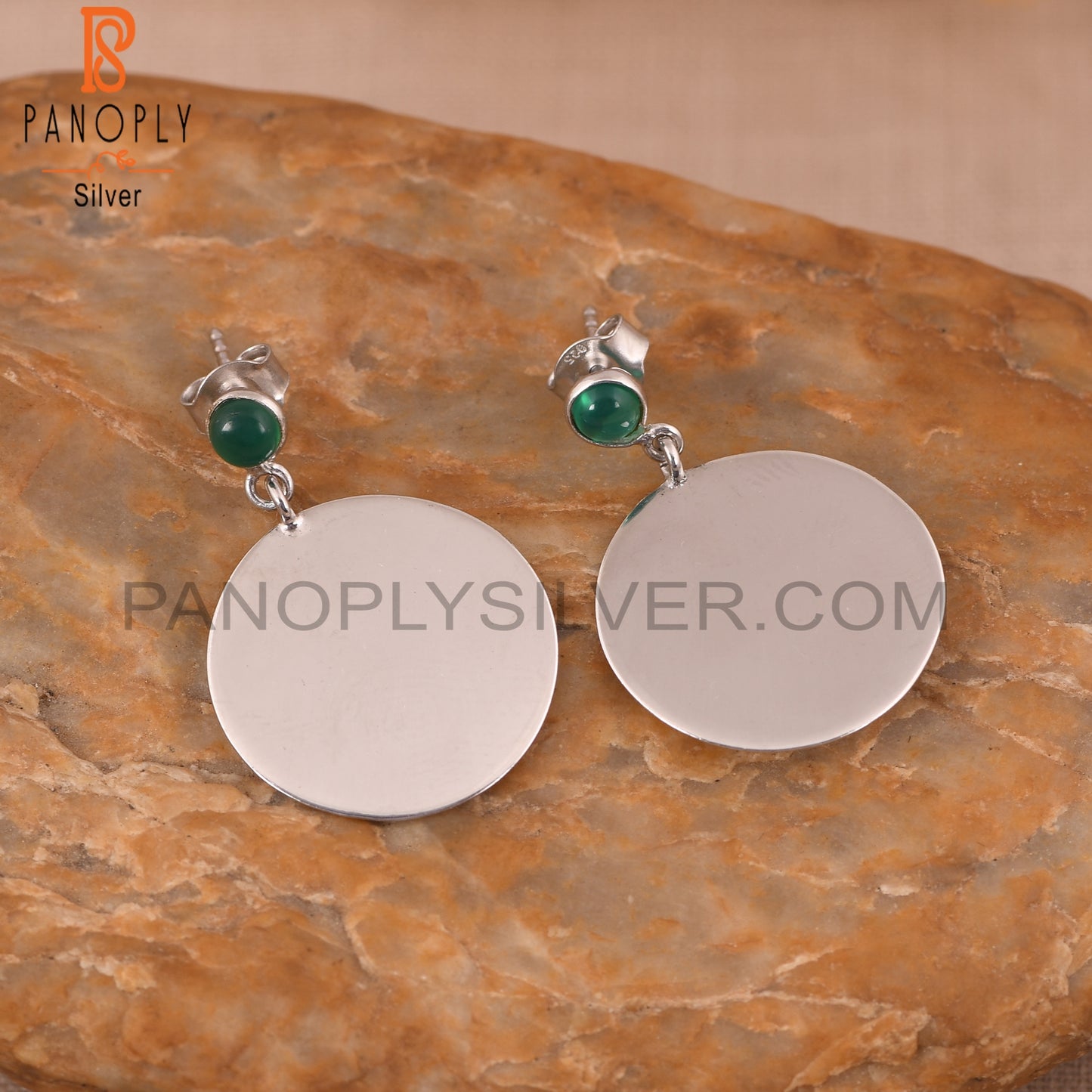 Green Onyx Gemstone 925 Silver Disc Earrings