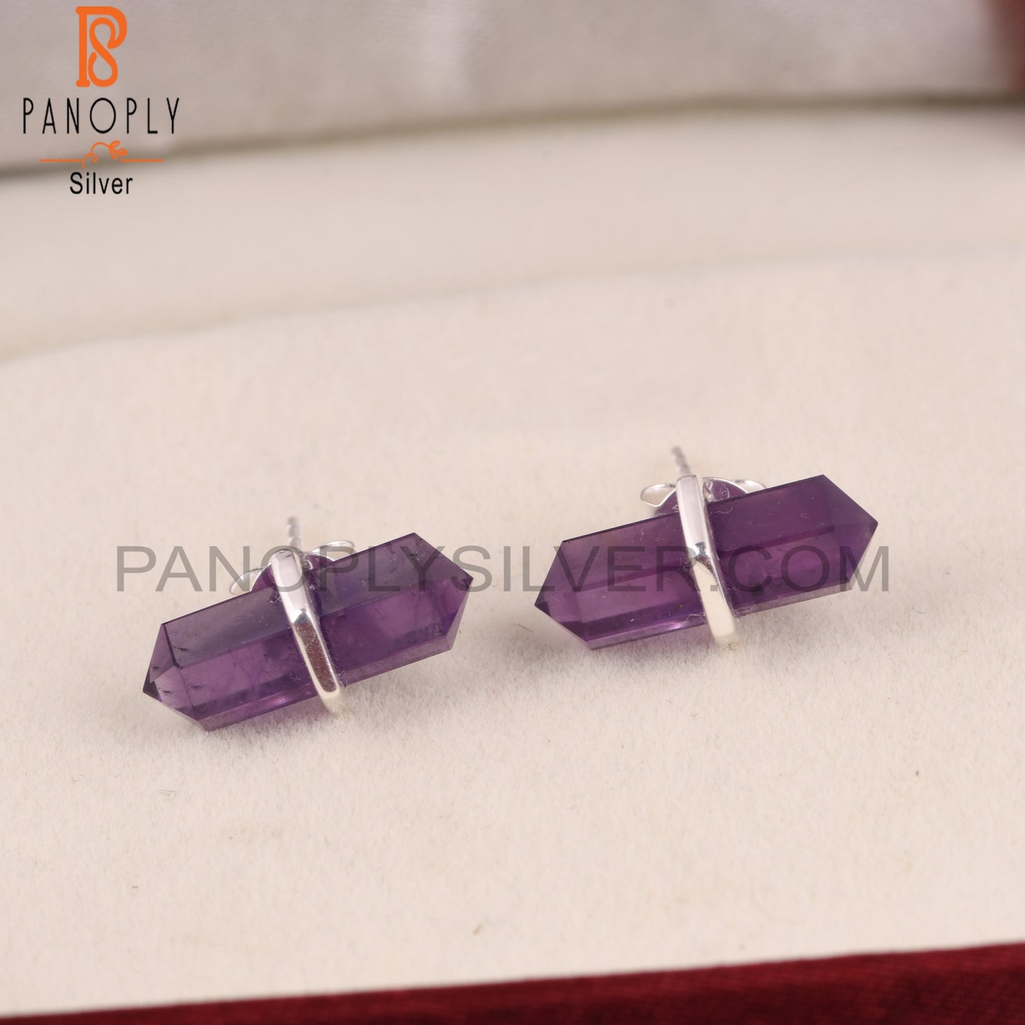 Terminated Shape Amethyst Gemstone Fine Silver Stud Earrings