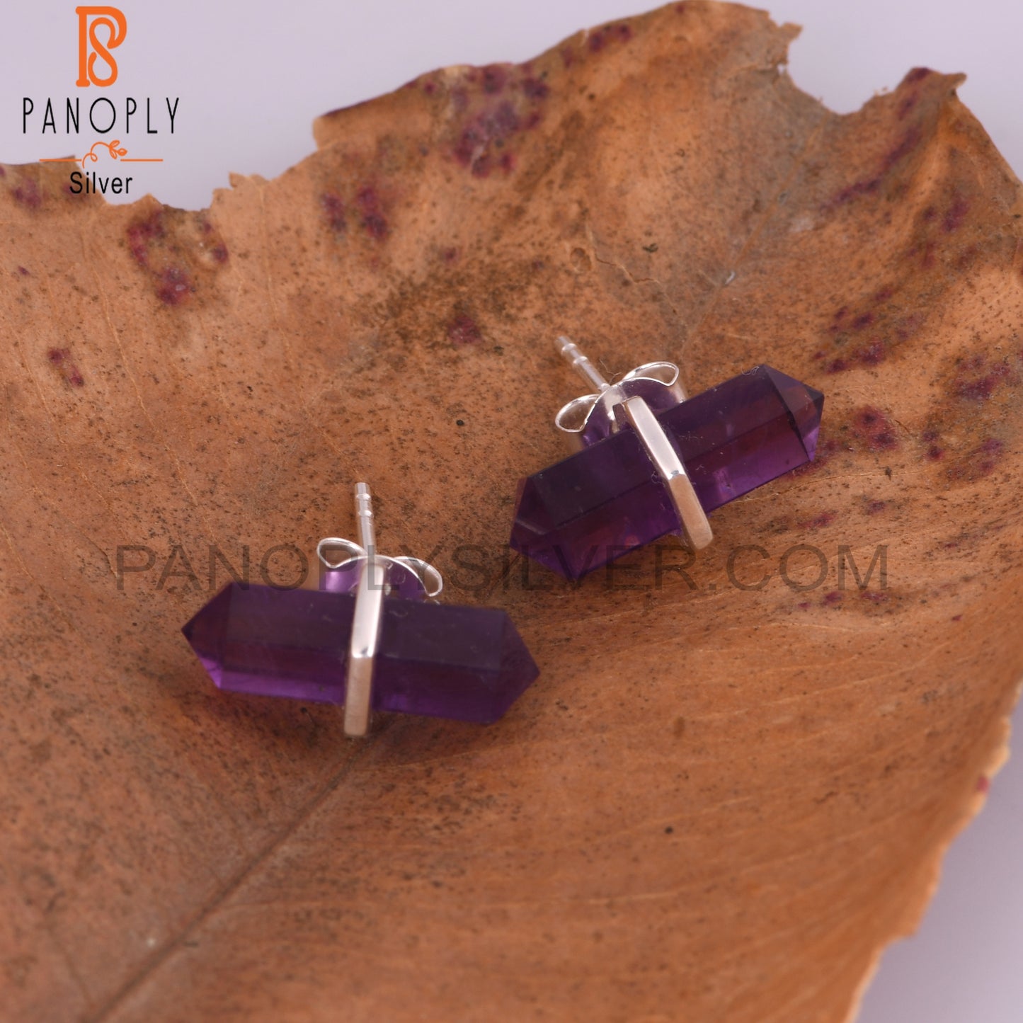 Terminated Shape Amethyst Gemstone Fine Silver Stud Earrings