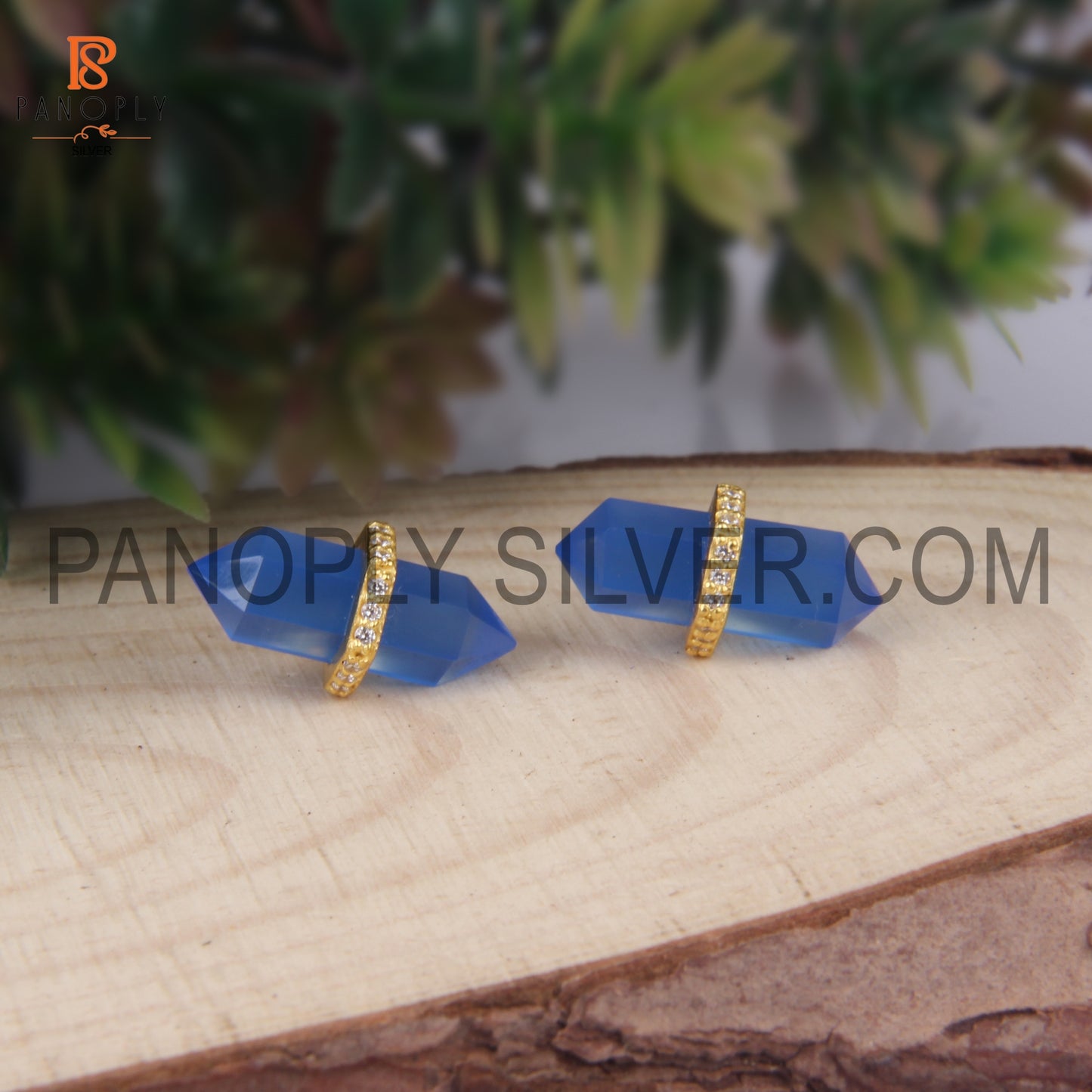 Double Point Pencil Shape Gold Plated Blue Stone Stud Earrings