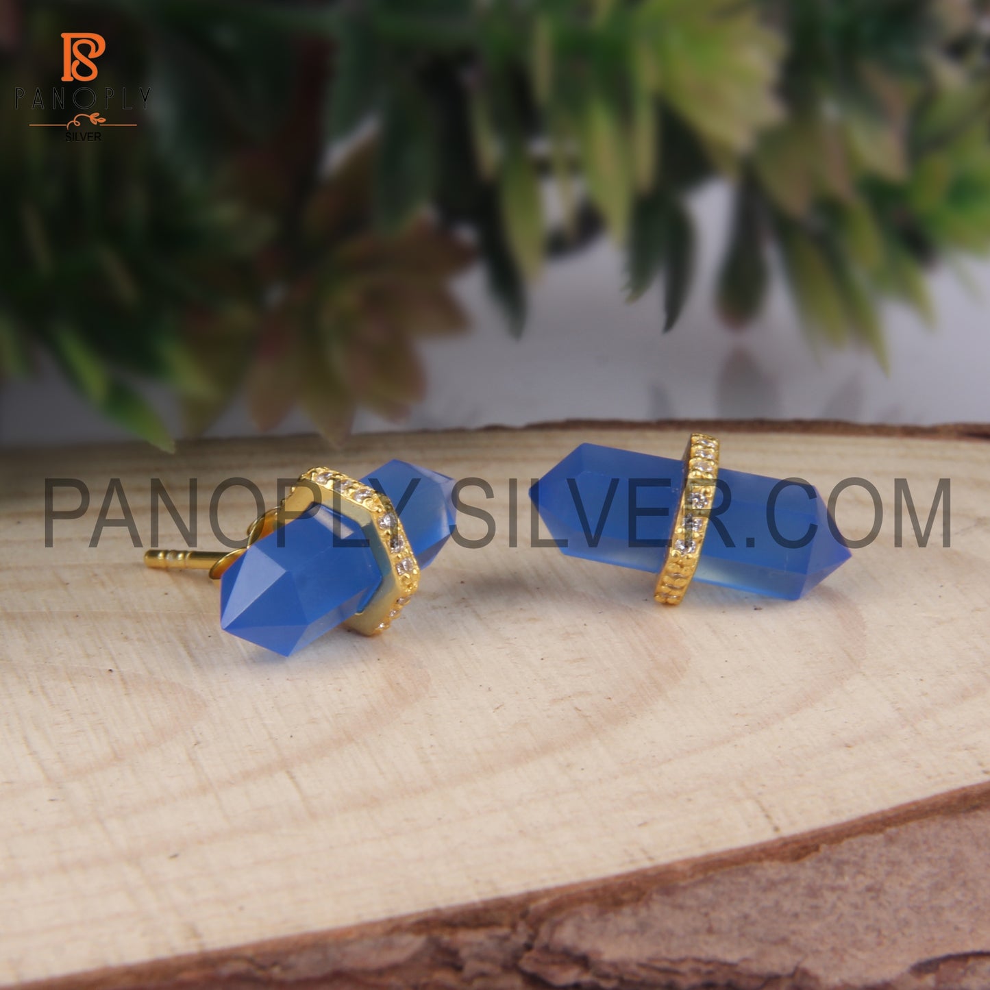 Double Point Pencil Shape Gold Plated Blue Stone Stud Earrings