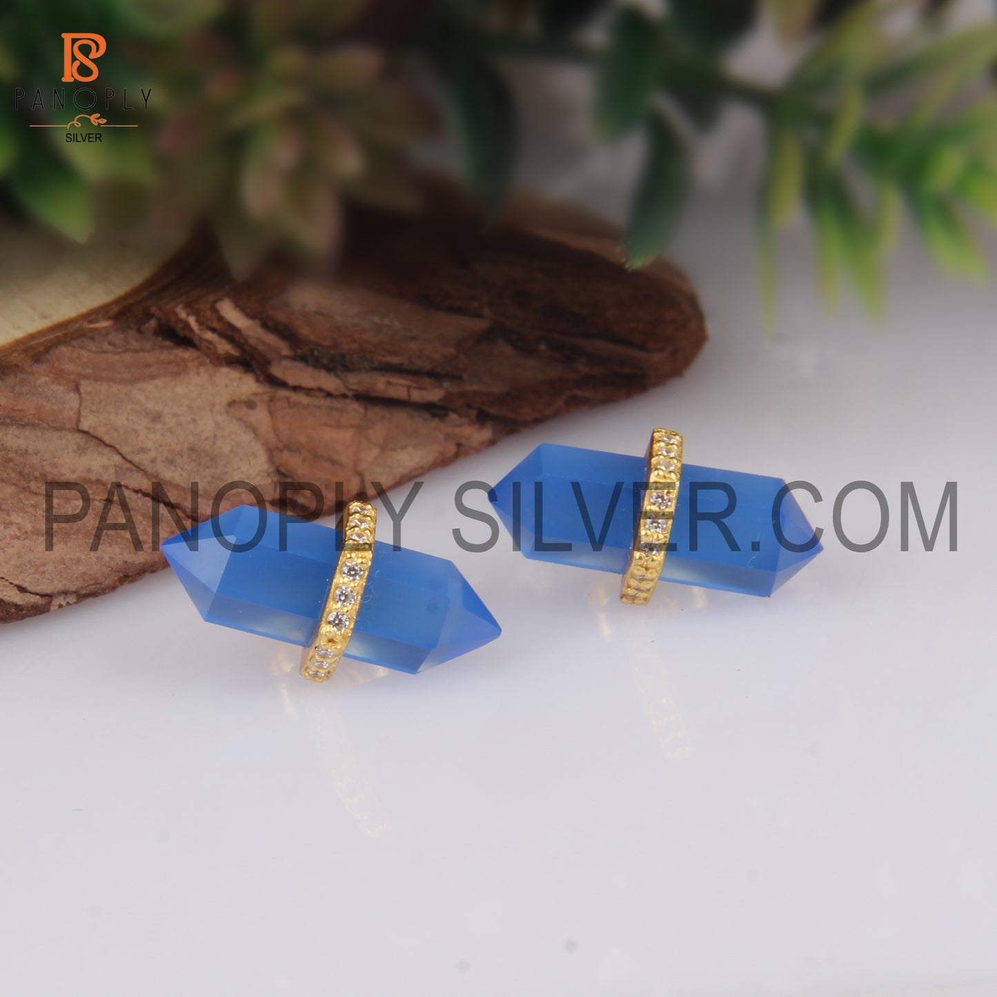 Double Point Pencil Shape Gold Plated Blue Stone Stud Earrings