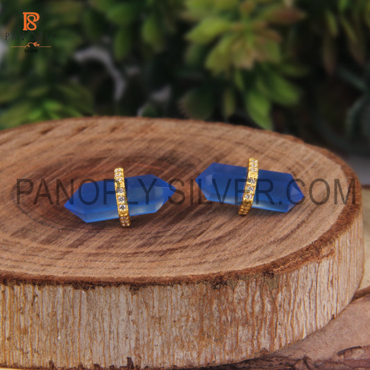 Double Point Pencil Shape Gold Plated Blue Stone Stud Earrings