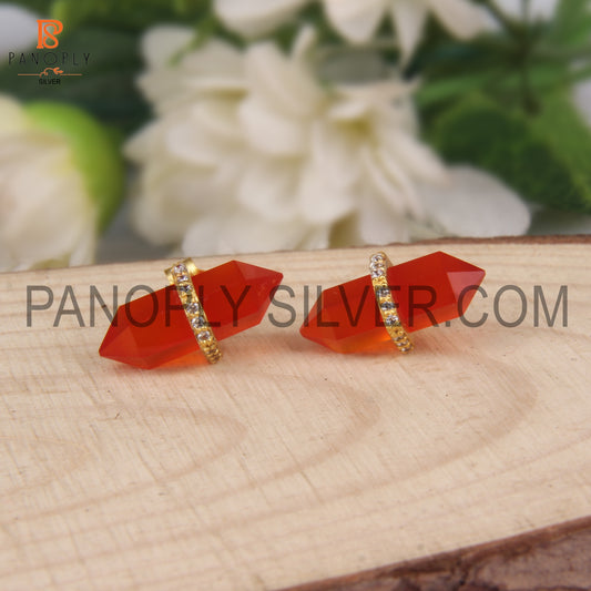 Pencil Shape Gold Plated Carnelian & CZ Stone Stud Earrings