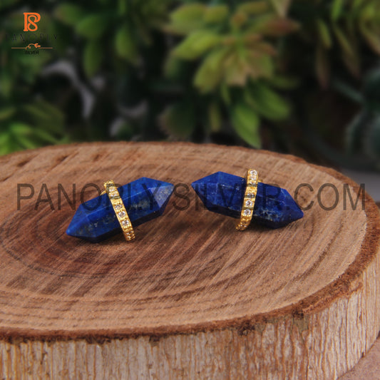 Gold Plated Lapis & CZ Studded Pencil Stud Earrings