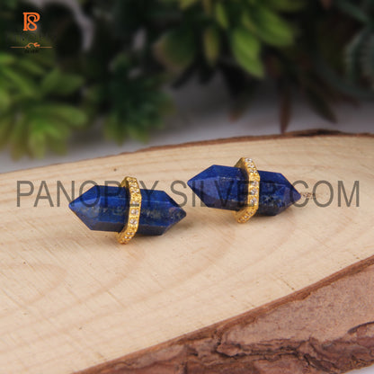 Gold Plated Lapis & CZ Studded Pencil Stud Earrings