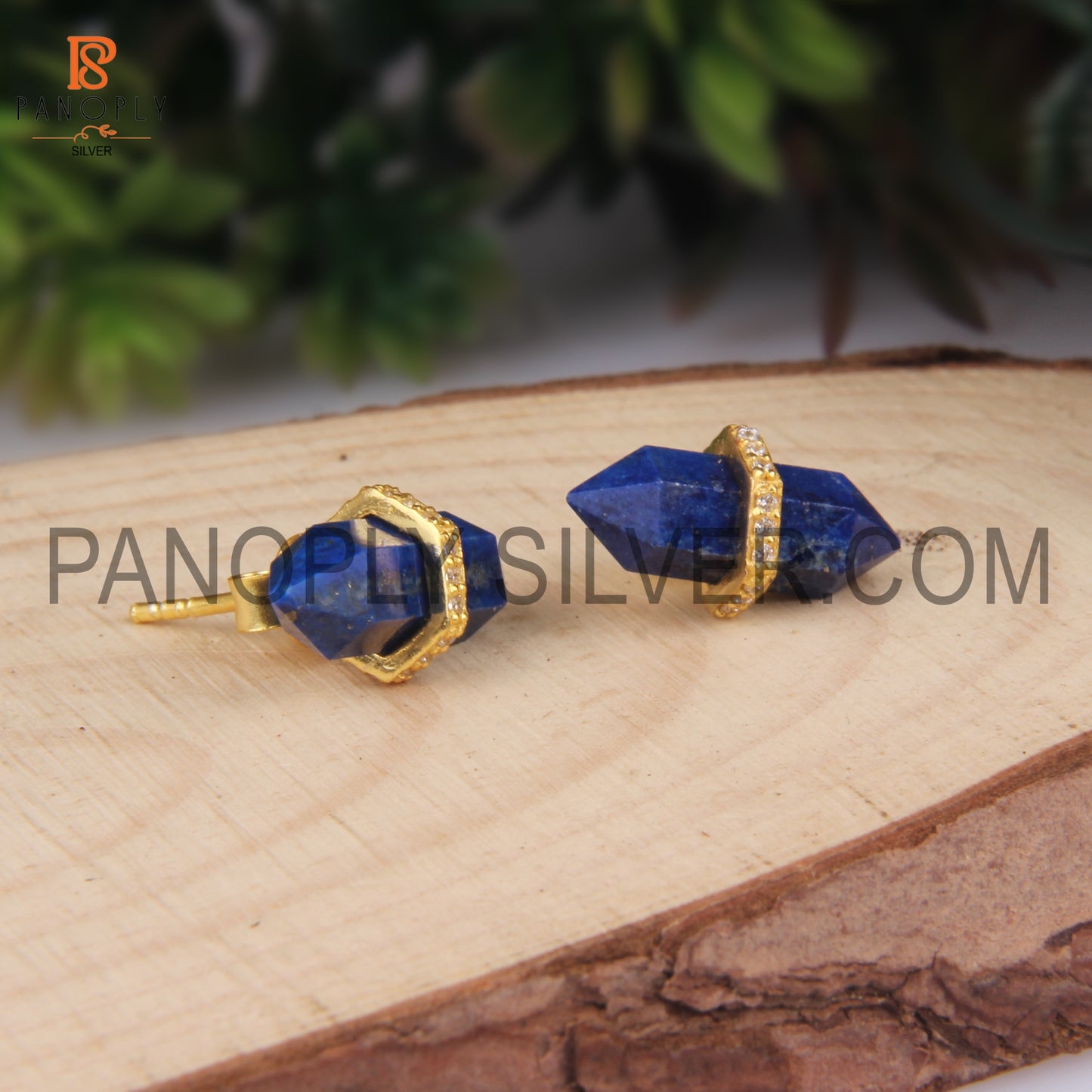 Gold Plated Lapis & CZ Studded Pencil Stud Earrings