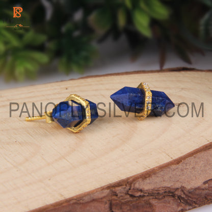 Gold Plated Lapis & CZ Studded Pencil Stud Earrings
