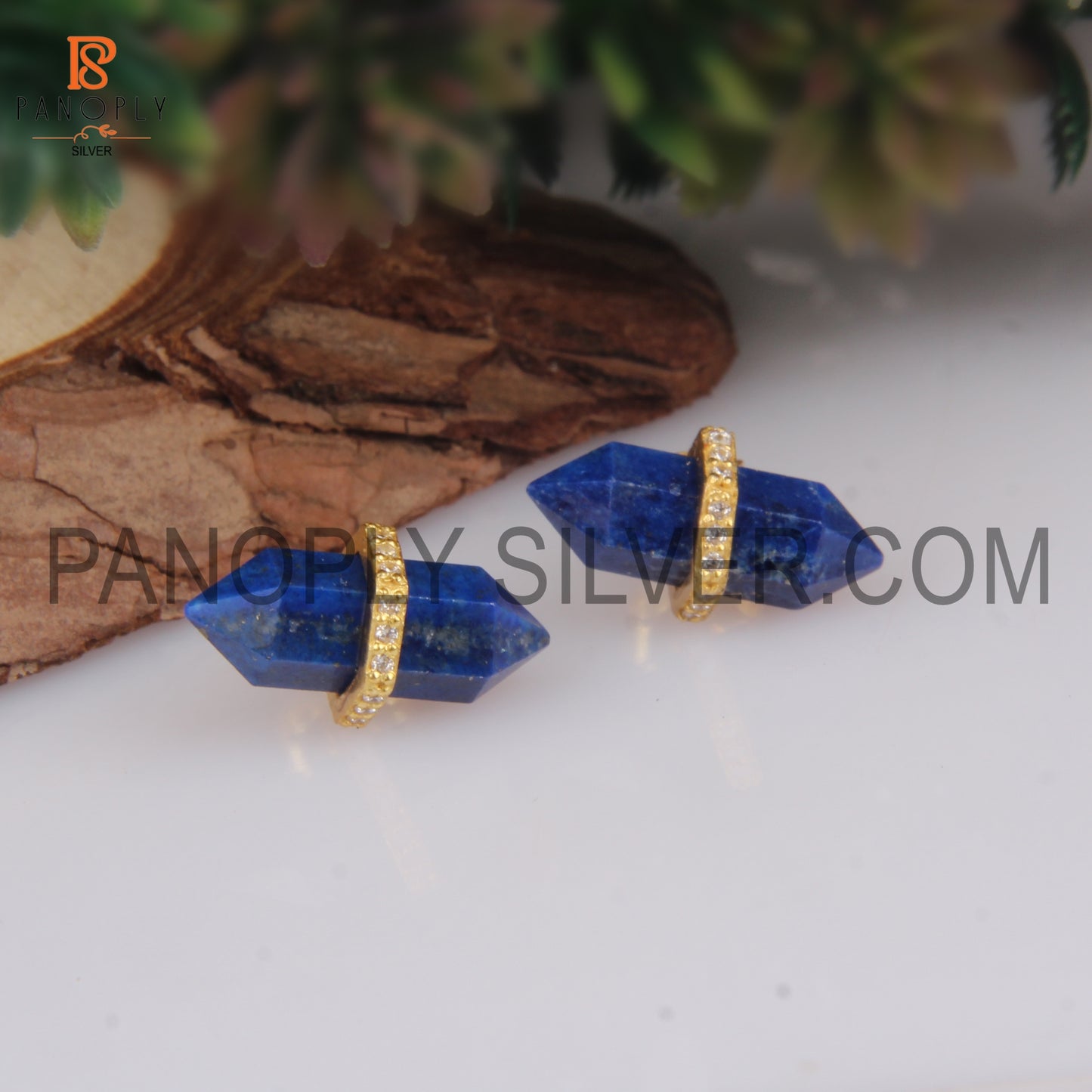 Gold Plated Lapis & CZ Studded Pencil Stud Earrings