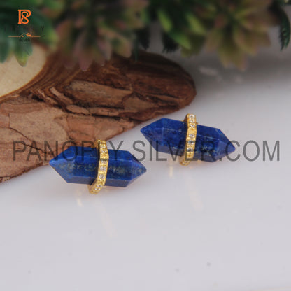 Gold Plated Lapis & CZ Studded Pencil Stud Earrings