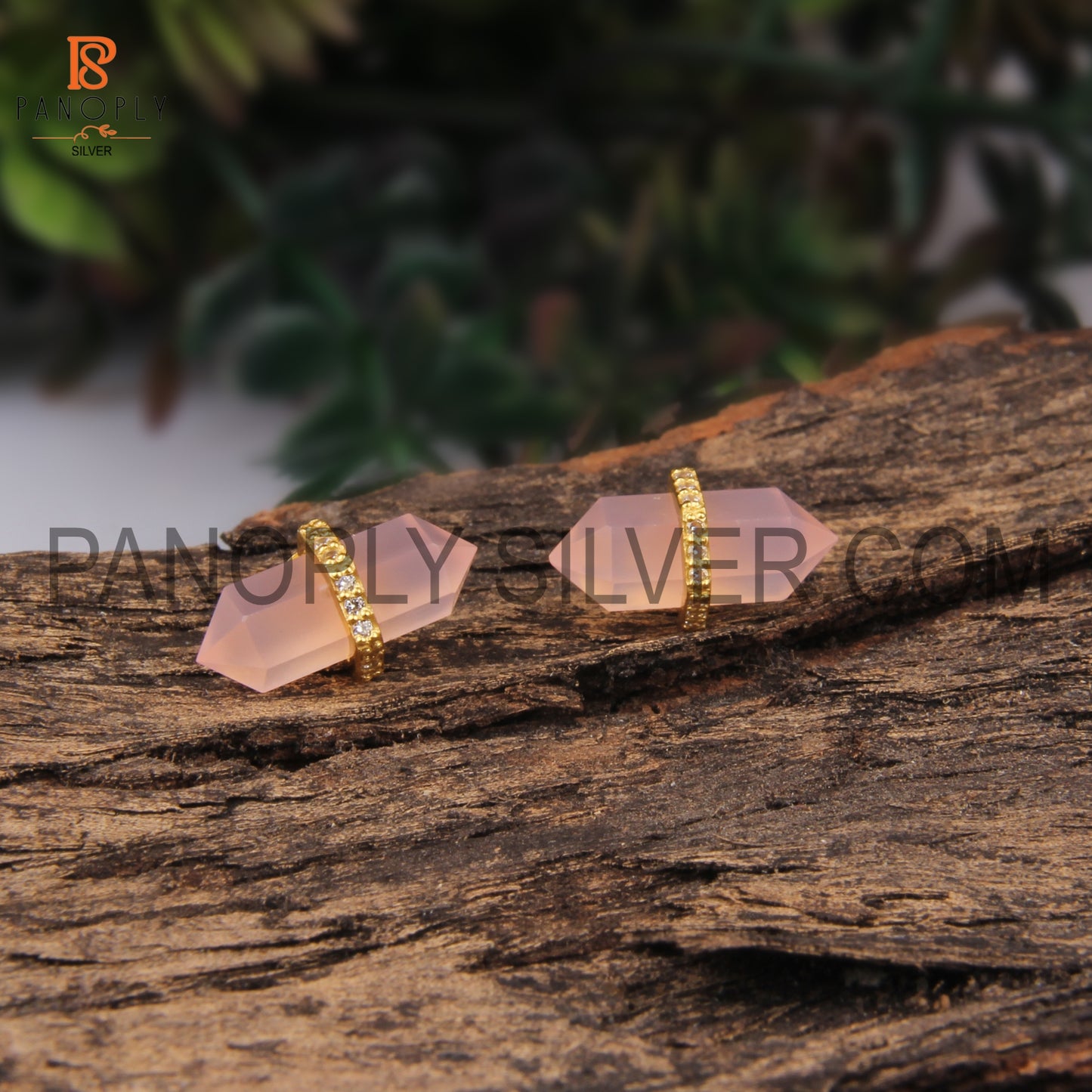 Double Point Pencil 925 Silver Rose Chalcedony, CZ Studded Stud Earrings