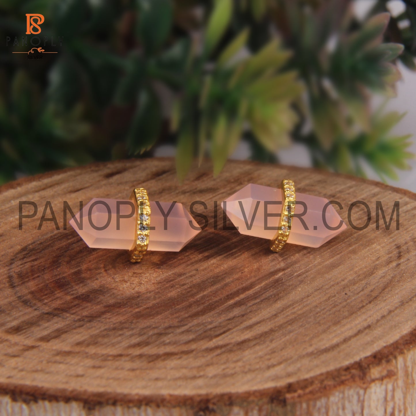 Double Point Pencil 925 Silver Rose Chalcedony, CZ Studded Stud Earrings