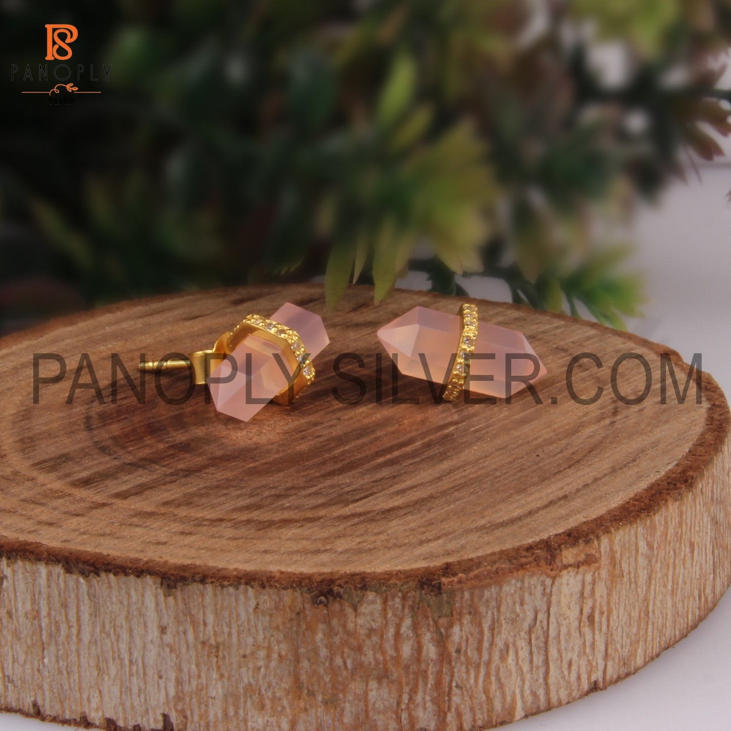 Double Point Pencil 925 Silver Rose Chalcedony, CZ Studded Stud Earrings