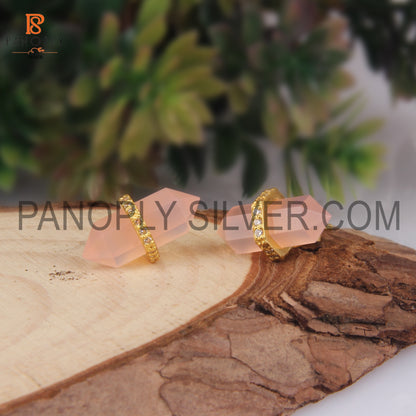 Double Point Pencil 925 Silver Rose Chalcedony, CZ Studded Stud Earrings