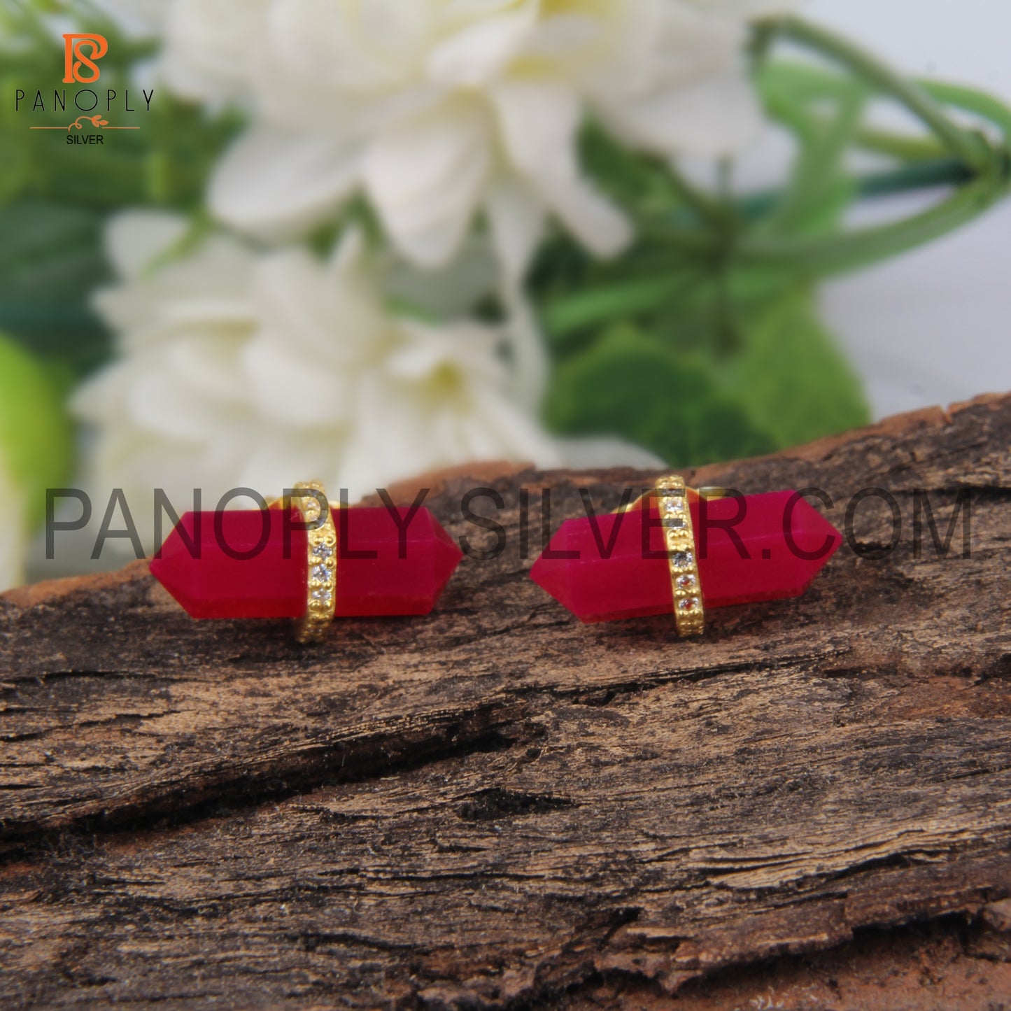 CZ Studded Pink Chalcedony Gold Plated 925 Silver Stud Earrings
