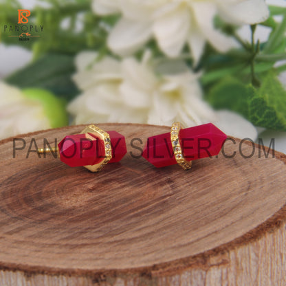 CZ Studded Pink Chalcedony Gold Plated 925 Silver Stud Earrings