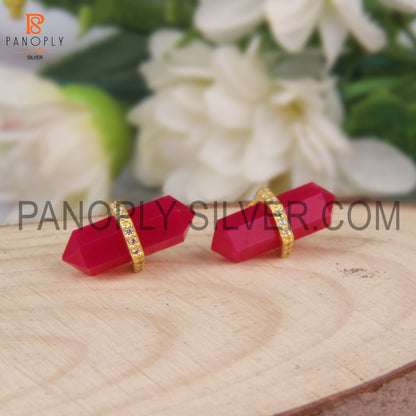 CZ Studded Pink Chalcedony Gold Plated 925 Silver Stud Earrings