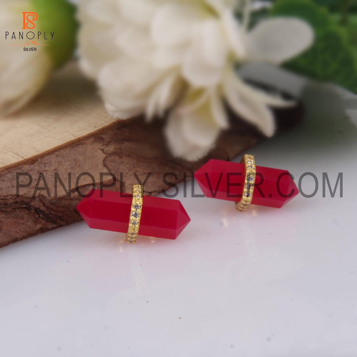 CZ Studded Pink Chalcedony Gold Plated 925 Silver Stud Earrings