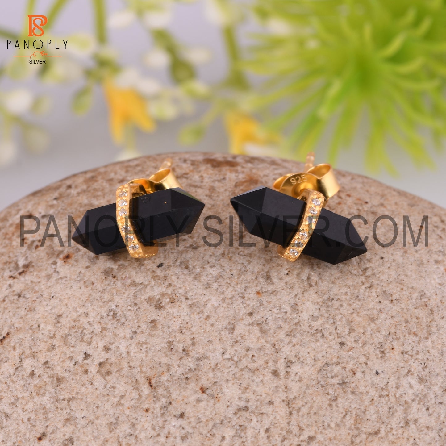 Black Onyx Cz Studded Pencil Post 18K Gold Plated Sterling Silver Earring