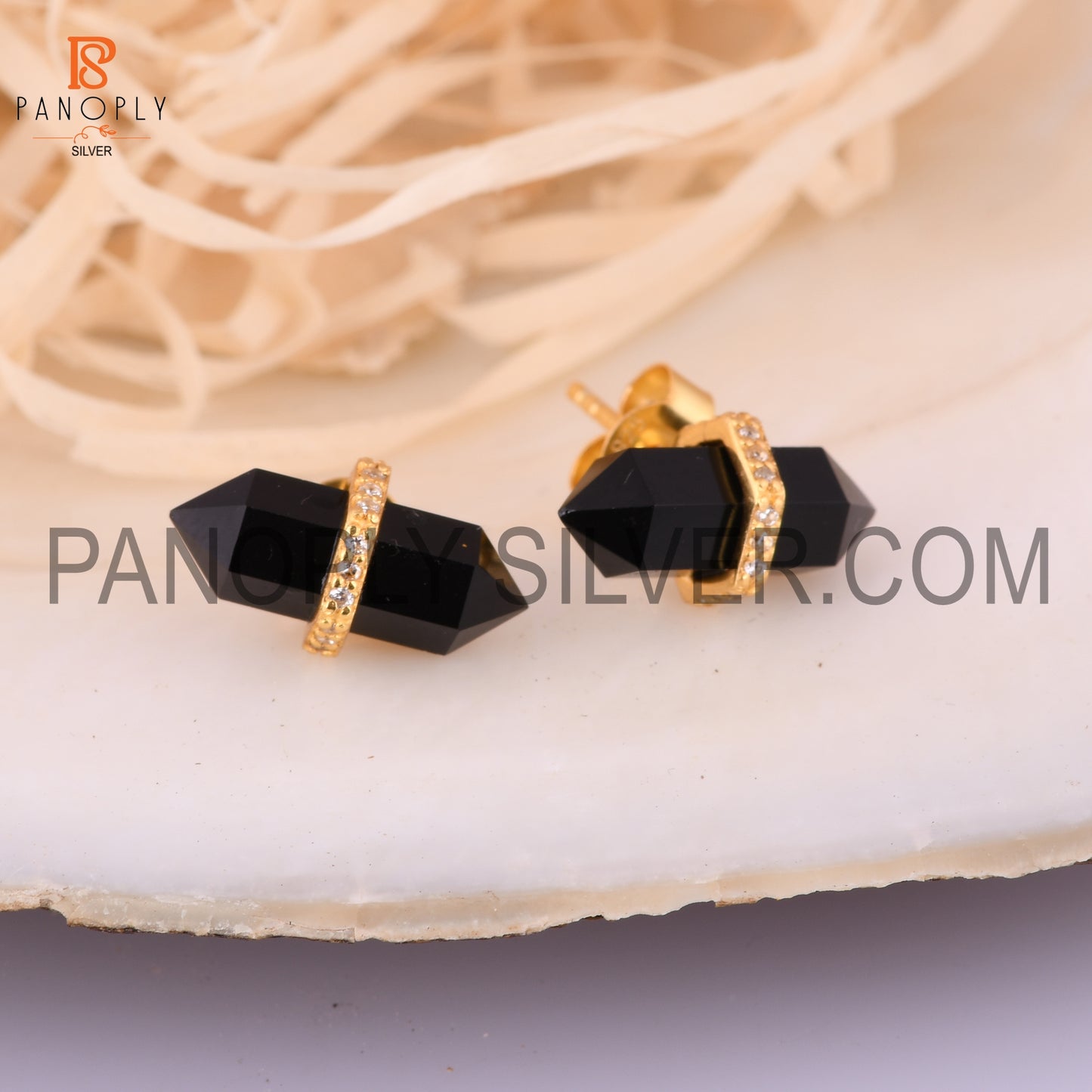 Black Onyx Cz Studded Pencil Post 18K Gold Plated Sterling Silver Earring