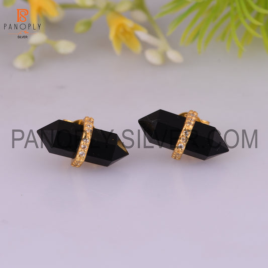 Black Onyx Cz Studded Pencil Post 18K Gold Plated Sterling Silver Earring