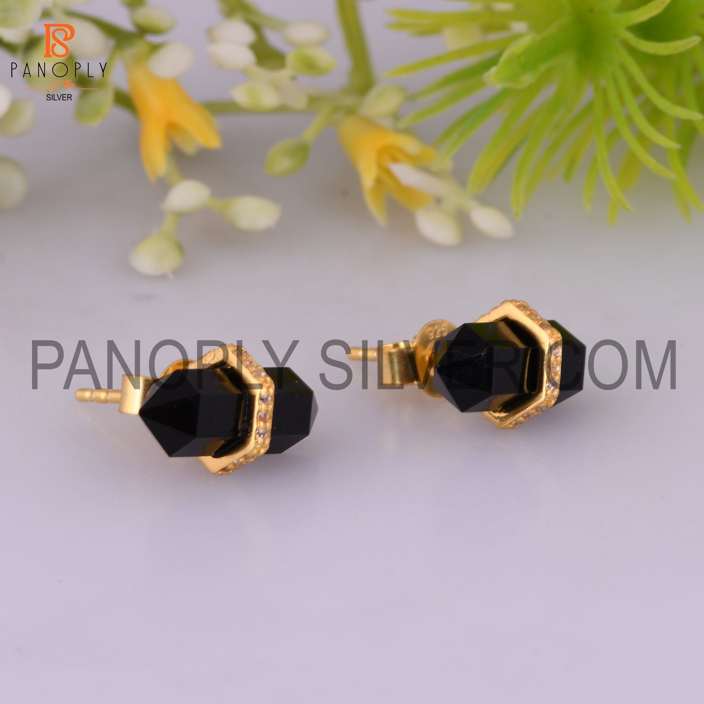 Black Onyx Cz Studded Pencil Post 18K Gold Plated Sterling Silver Earring
