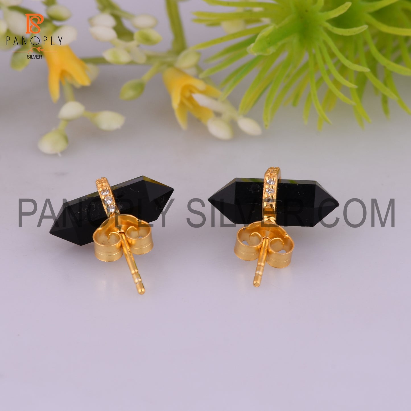 Black Onyx Cz Studded Pencil Post 18K Gold Plated Sterling Silver Earring