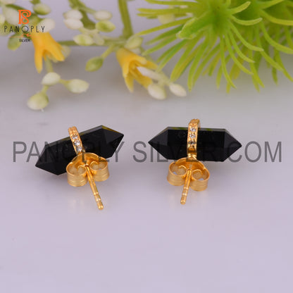 Black Onyx Cz Studded Pencil Post 18K Gold Plated Sterling Silver Earring