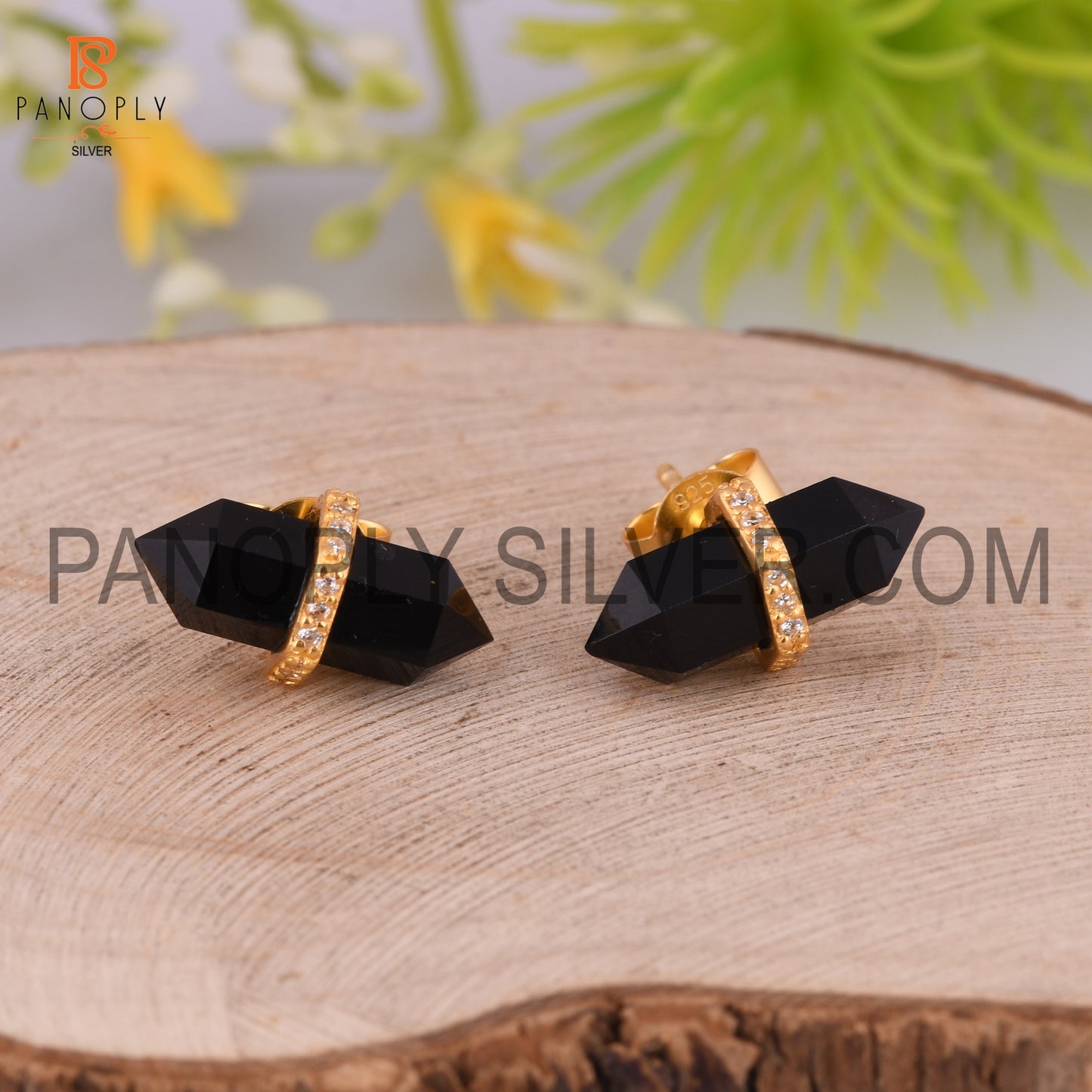 Black Onyx Cz Studded Pencil Post 18K Gold Plated Sterling Silver Earring