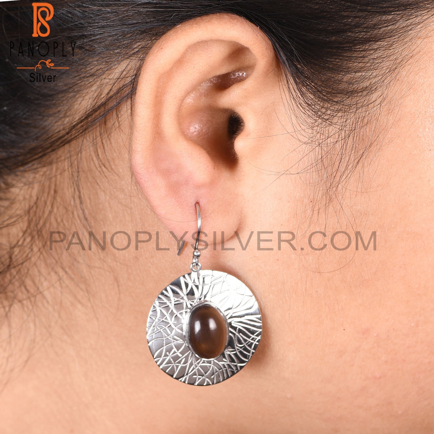 Smoky 925 Silver Texture Disc Circle  Earrings