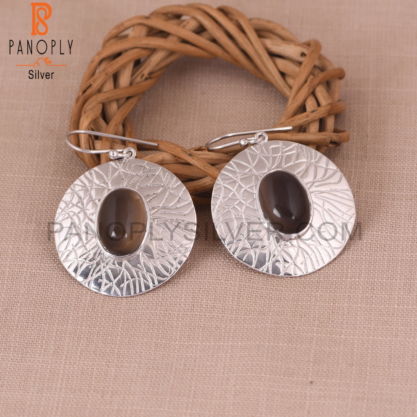 Smoky 925 Silver Texture Disc Circle  Earrings