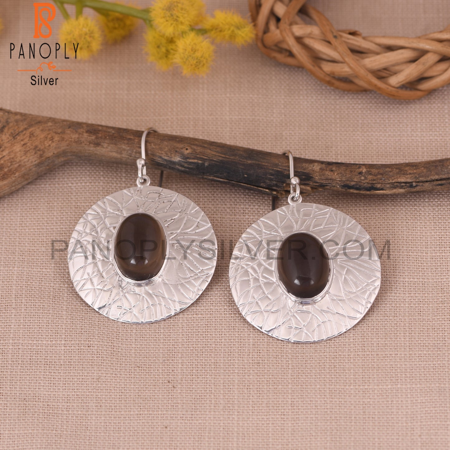 Smoky 925 Silver Texture Disc Circle  Earrings