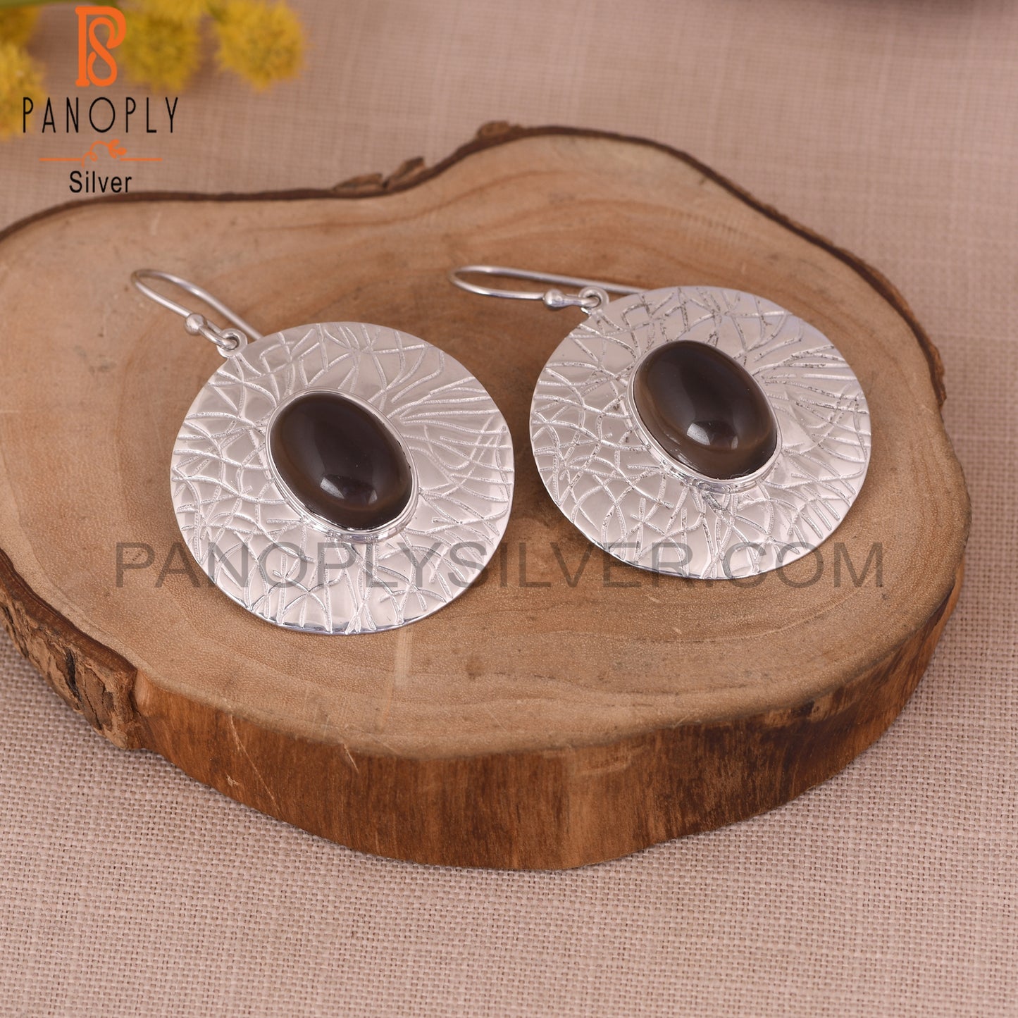 Smoky 925 Silver Texture Disc Circle  Earrings