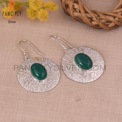 Green Onyx Gemstone 925 Silver White Disc Earrings