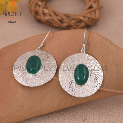 Green Onyx Gemstone 925 Silver White Disc Earrings