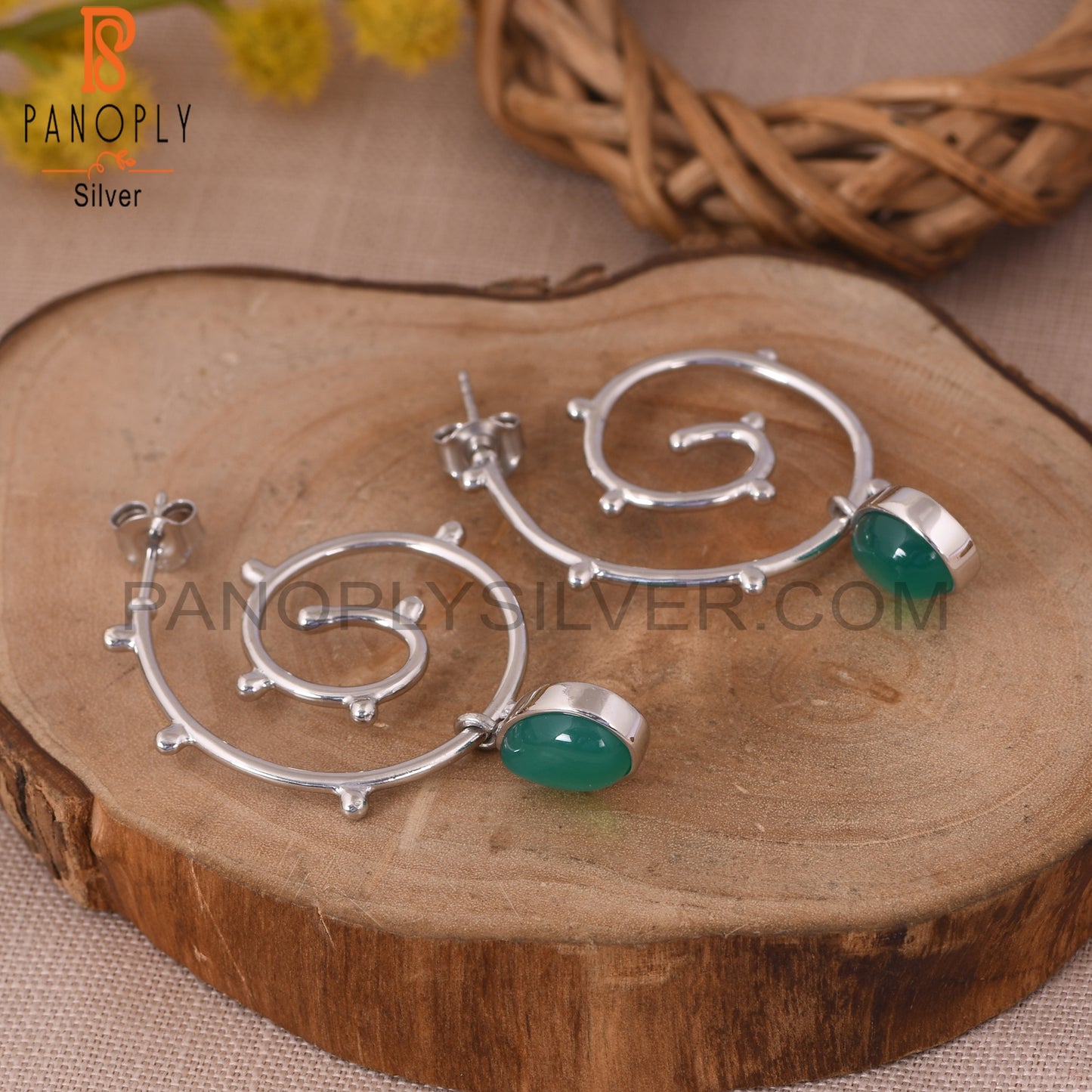 Hurricane 925 Sterling Silver Green Onyx Cyclone Earrings