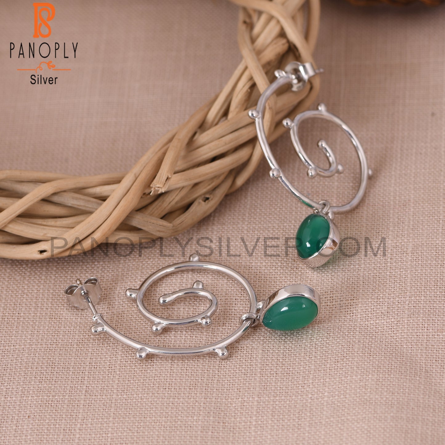Hurricane 925 Sterling Silver Green Onyx Cyclone Earrings