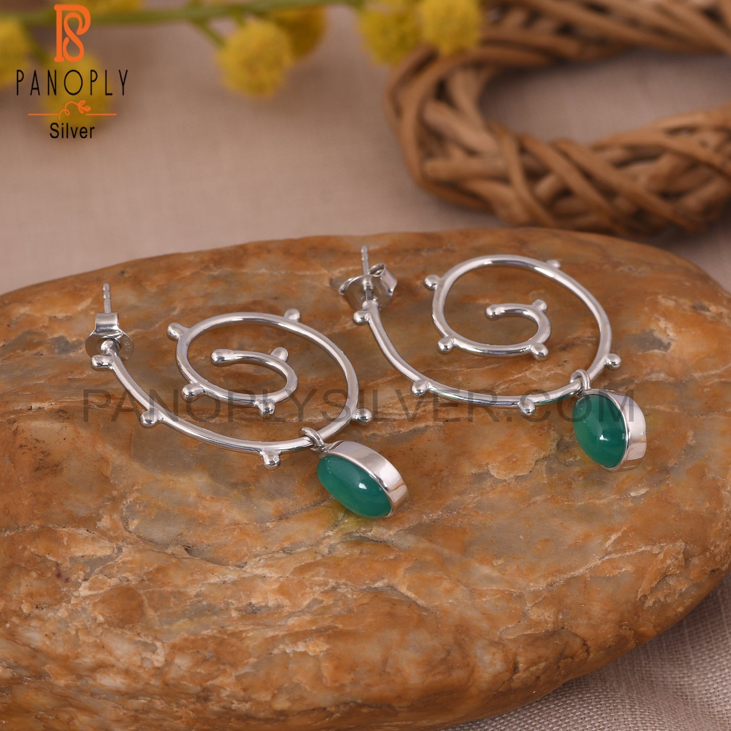 Hurricane 925 Sterling Silver Green Onyx Cyclone Earrings