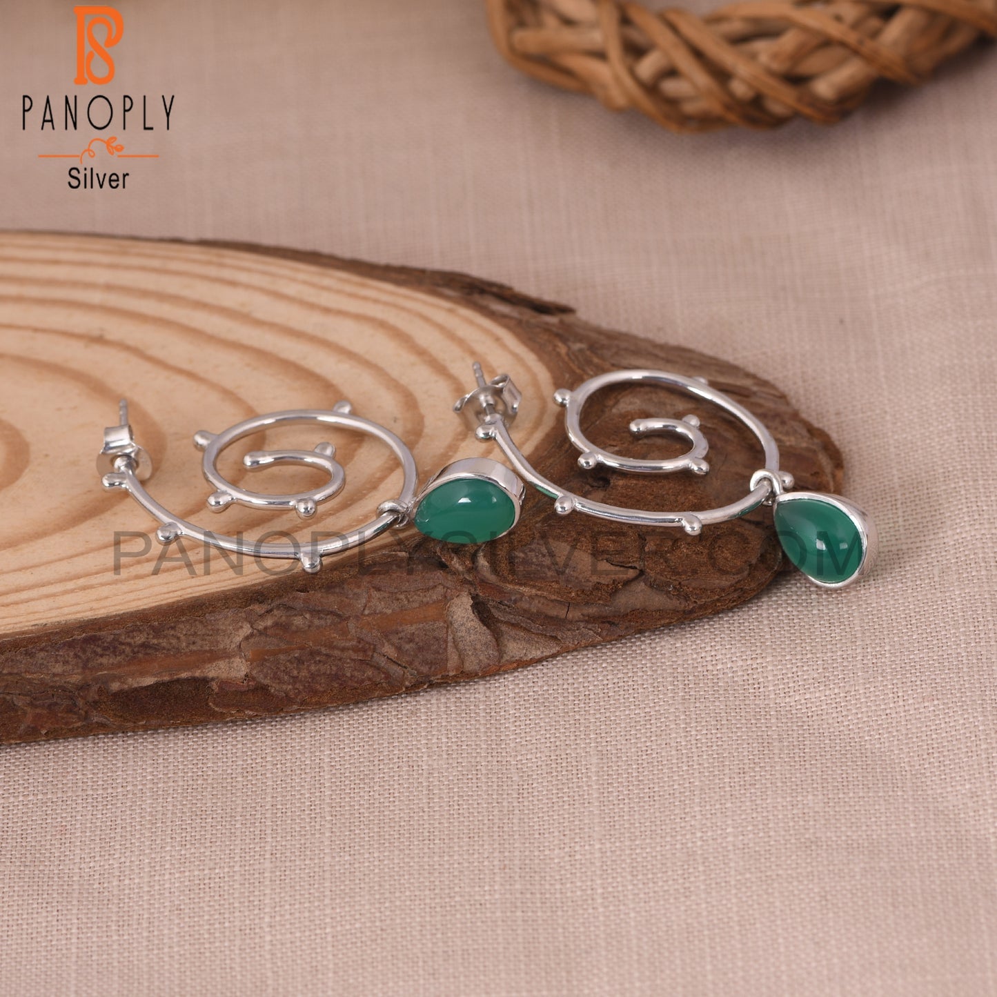 Hurricane 925 Sterling Silver Green Onyx Cyclone Earrings