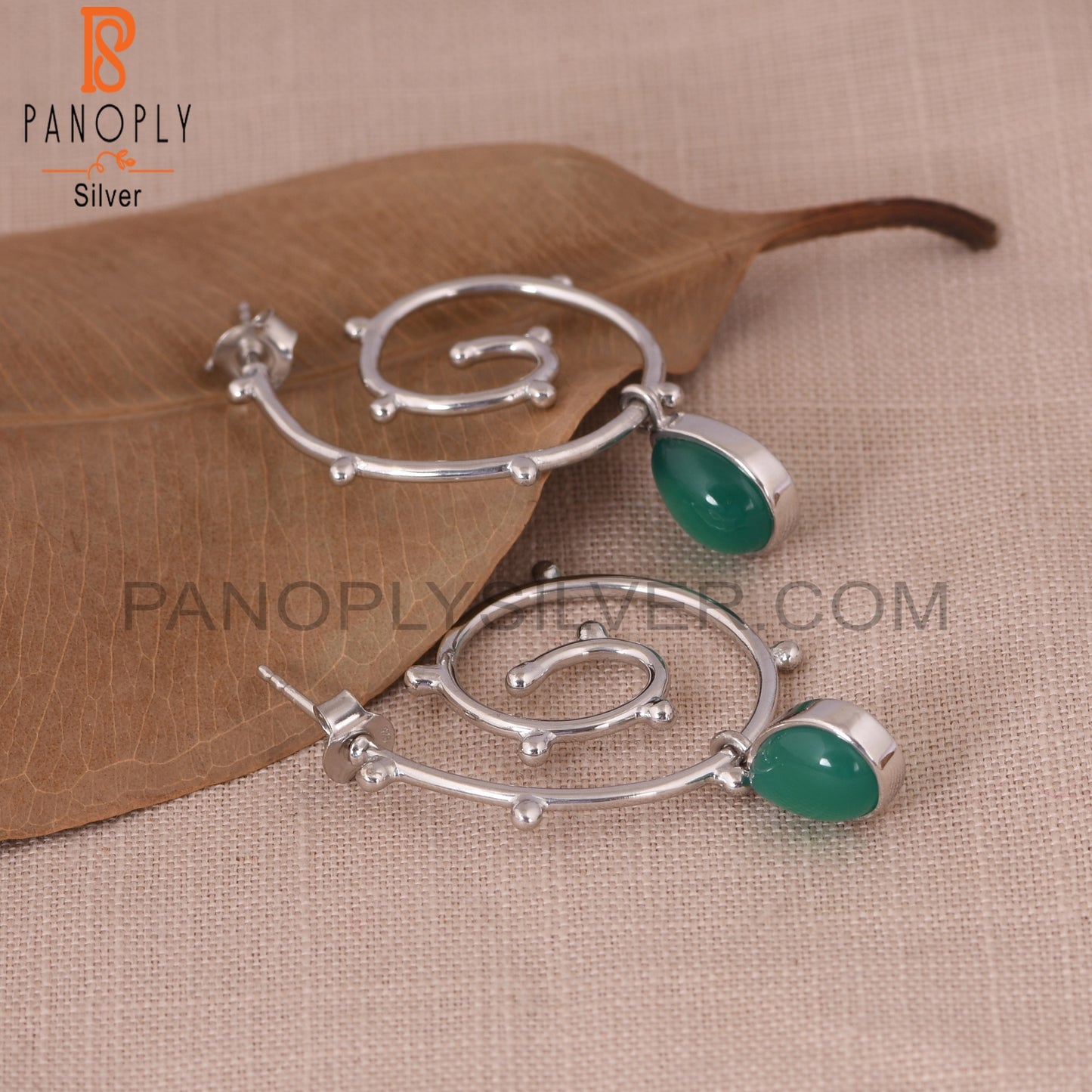 Hurricane 925 Sterling Silver Green Onyx Cyclone Earrings