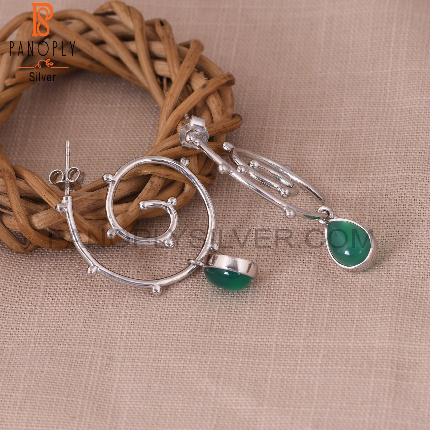 Hurricane 925 Sterling Silver Green Onyx Cyclone Earrings