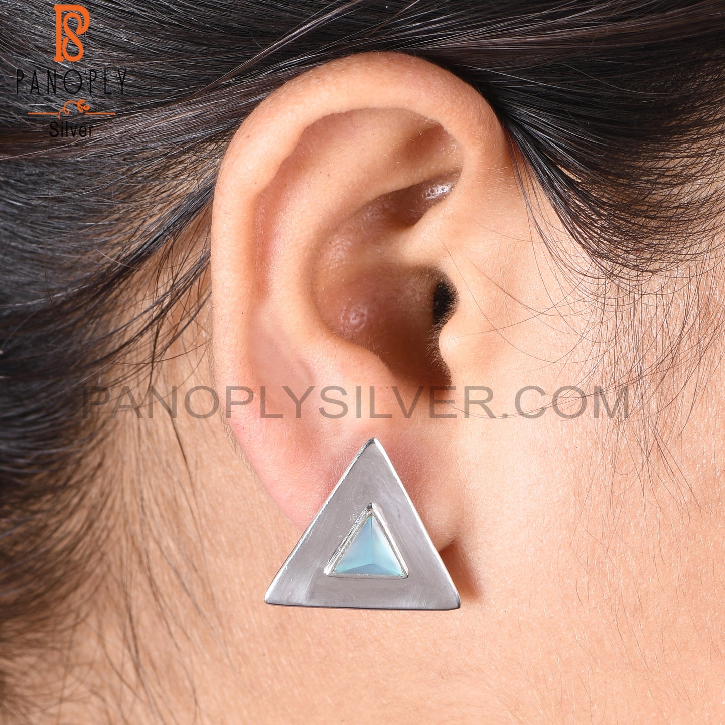Triangle 925 Silver Blue Chalcedony Pyramid Stud Earring